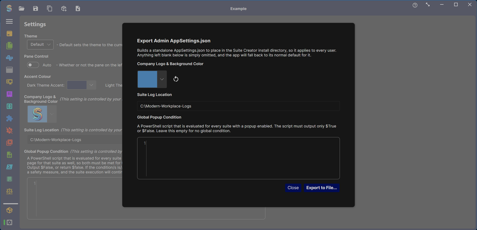 Admin export dialog