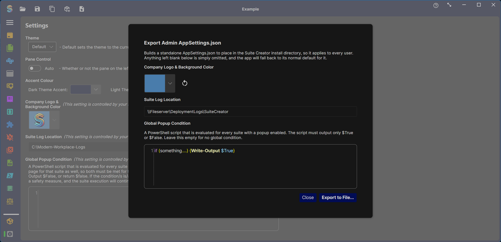 Admin export dialog filled in