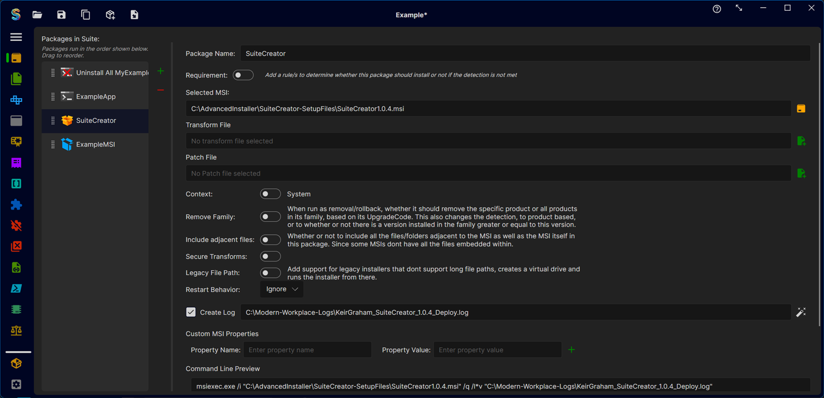 Suite Creator editor showing the event list sidebar for a new suite