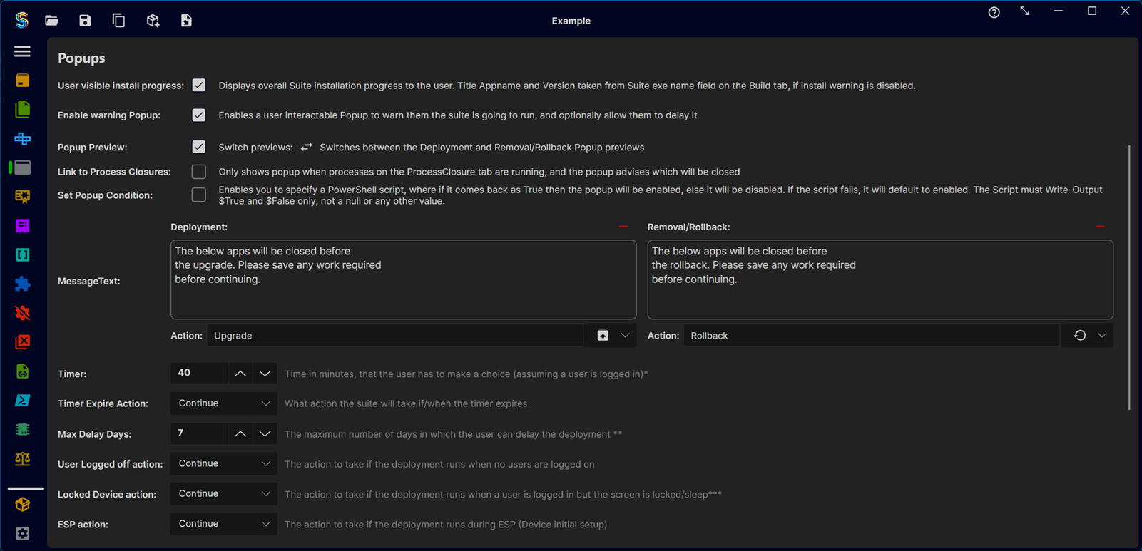 Popup designer screen in Suite Creator