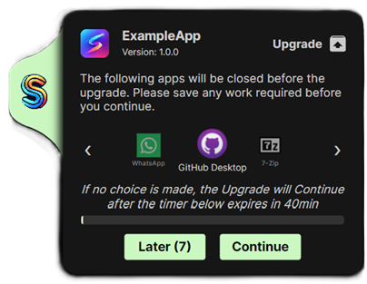 Suite Creator end-user upgrade popup showing apps to close and a deferral timer